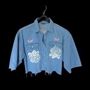 Y2K Custom Denim Shirt XL Blue Embroidered Cherub Angels Cropped Short Sleeve